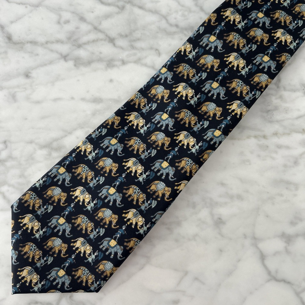 Jim Thompson 100% Silk Tie Whimsical Elephants Animal Print Blue & Tan